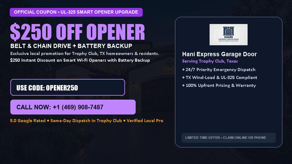 $250 OFF Smart Wi-Fi Garage Door Opener Installation in Trophy Club, TX - Hani Express Garage Door